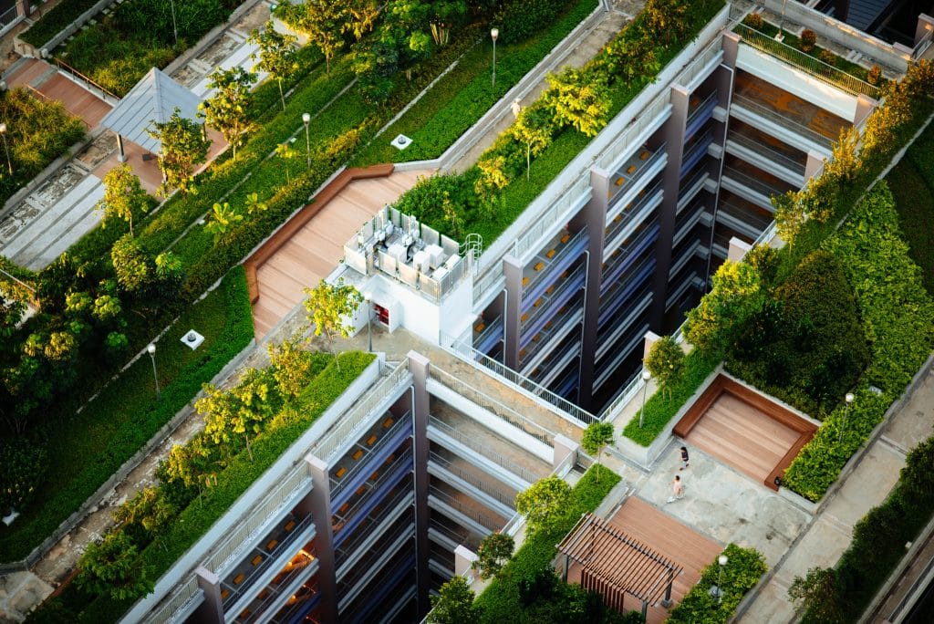 Ariel photograph of green roof commercial building